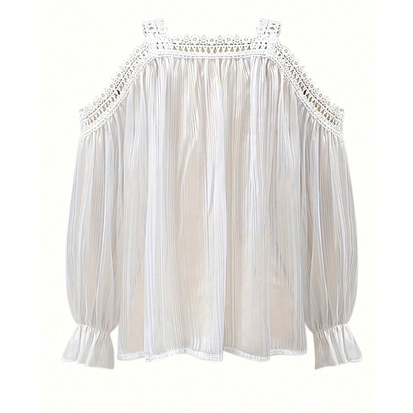 Boho White Lace Cold Shoulder Striped Loose Fit Blouse - Picture 3 of 5